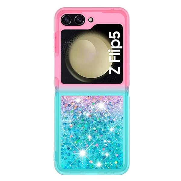 SKALO Samsung Z Flip5 Kvicksand Glitter Hjerter TPU Cover - Pink-Turkis