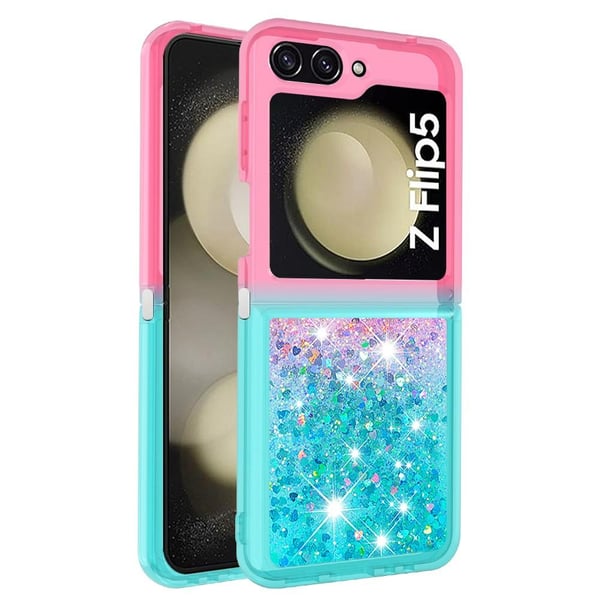 SKALO Samsung Z Flip5 Kvicksand Glitter Hjerter TPU Cover - Pink-Turkis