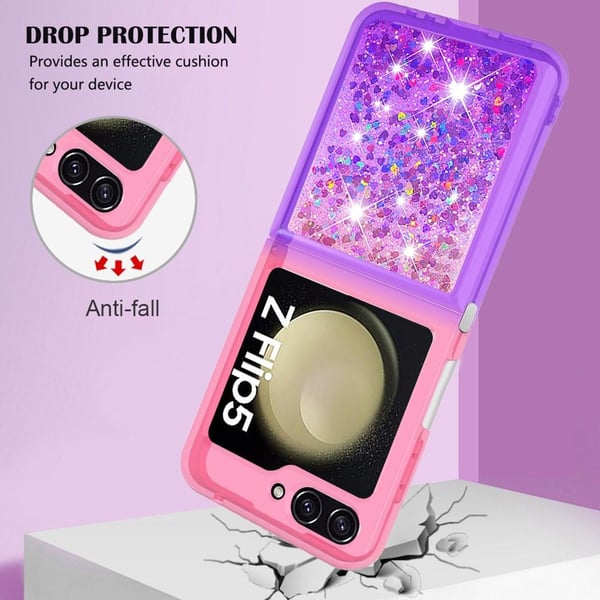 SKALO Samsung Z Flip5 Kvicksand Glitter Hjerter TPU Cover - Pink-Lilla