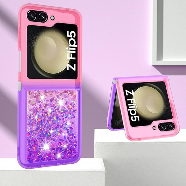 SKALO Samsung Z Flip5 Kvicksand Glitter Hjerter TPU Cover - Pink-Lilla