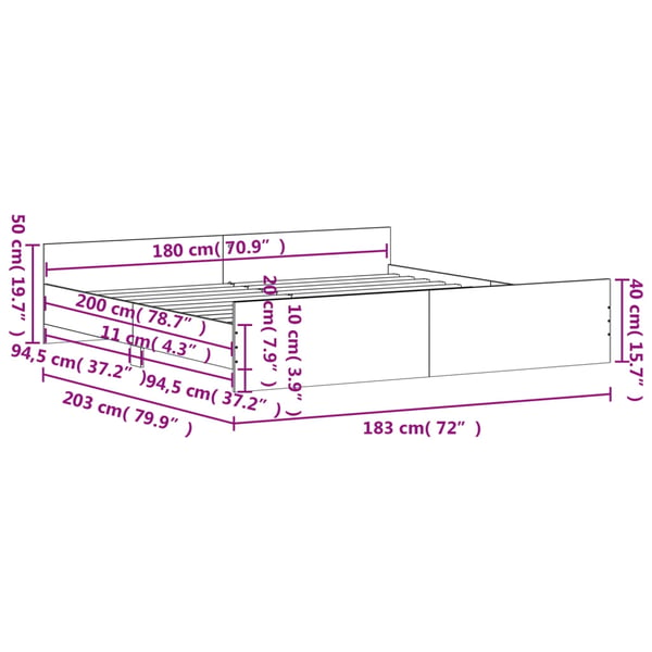 vidaXL Sengeramme med hode- og fotgavl betonggrå 180x200 cm