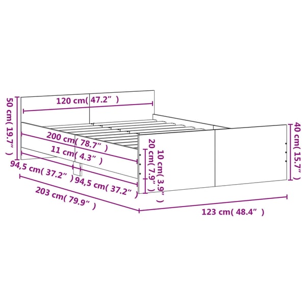 vidaXL Sengeramme med hode- og fotgavl betonggrå 120x200 cm