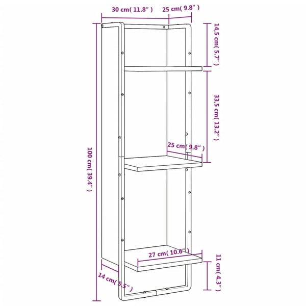 vidaXL vægreol med 3 hylder 30x25x100 cm konstrueret træ grå sonoma-eg