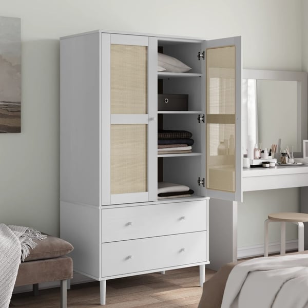 vidaXL klædeskab SENJA 90x55x175 cm rattan-look massivt fyrretræ hvid
