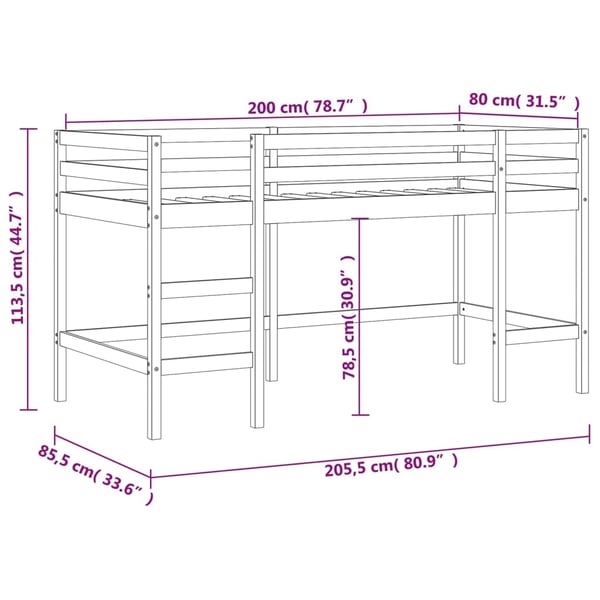 vidaXL højseng med stige 80x200 cm massivt fyrretræ