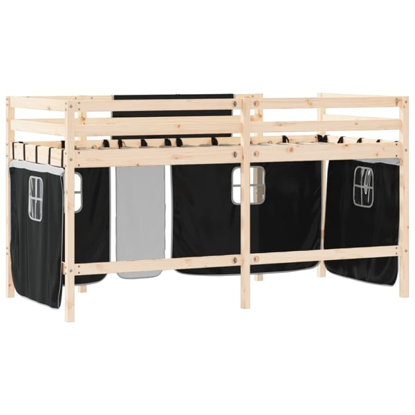 vidaXL højseng med gardiner 90x190 cm massivt fyrretræ hvid og sort