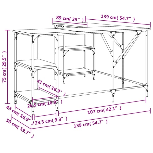 vidaXL Skrivebord grå sonoma 139x139x75 cm konstruert tre