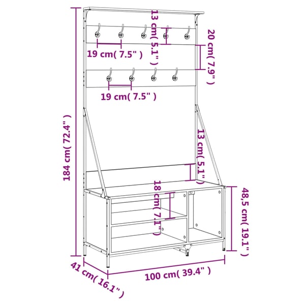 vidaXL Klesstativ med skooppbevaring sonoma eik 100x41x184 cm