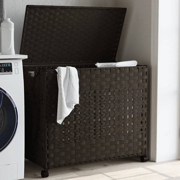 vidaXL vasketøjskurv med hjul 66x35x60 cm rattan mørkebrun