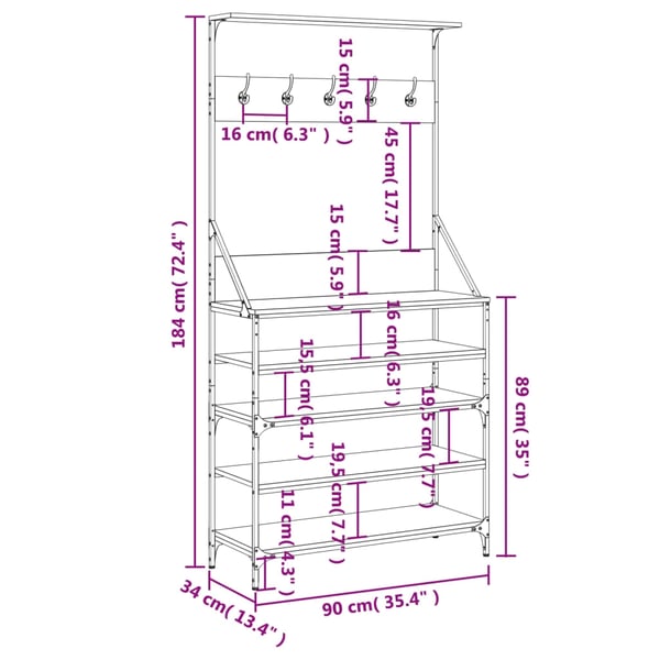 vidaXL Klesstativ med skooppbevaring røkt eik 90x34x184 cm