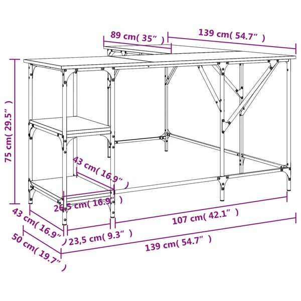 vidaXL Skrivebord svart 139x139x75 cm konstruert tre