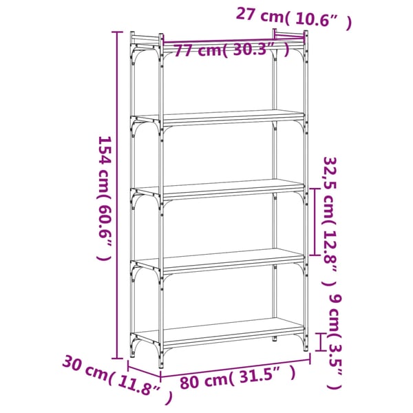 vidaXL bogreol 80x30x154 cm 5 hylder konstrueret træ grå sonoma-eg