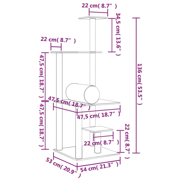 vidaXL Kattetre med klorestolper i sisal mørkegrå 136 cm