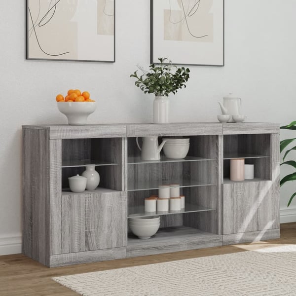 vidaXL Skjenk med LED-lys grå sonoma 142,5x37x67 cm