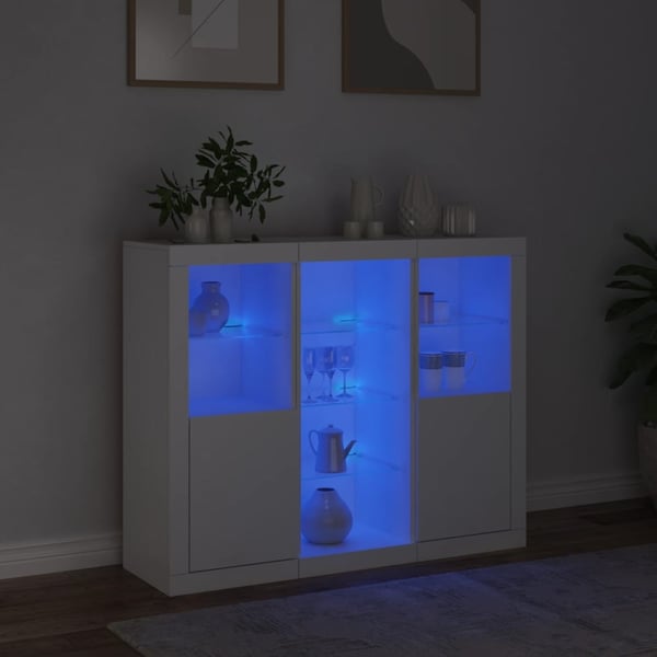 vidaXL Skjenker med LED-lys 3 stk hvit konstruert tre