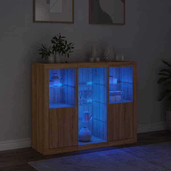 vidaXL Skjenker med LED-lys 3 stk sonoma eik konstruert tre