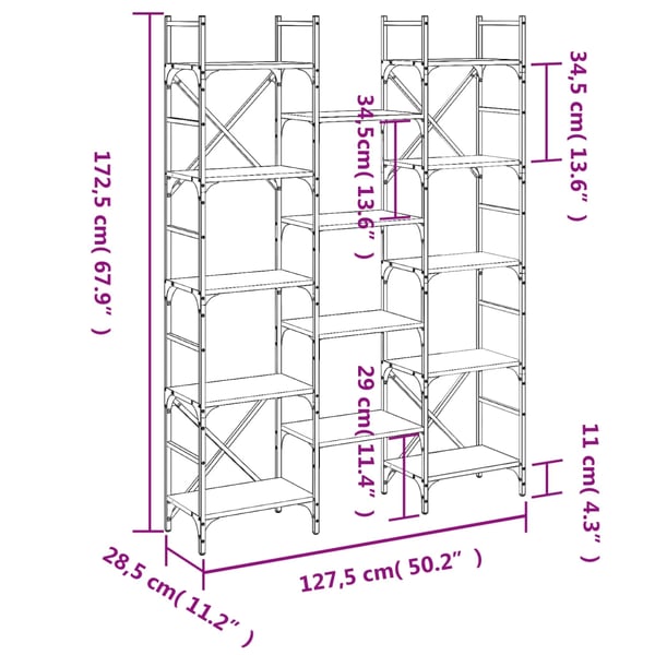 vidaXL Bokhylle røkt eik 127,5x28,5x172,5 cm konstruert tre