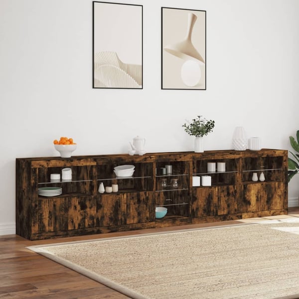 vidaXL skænk med LED-lys 283x37x67 cm røget egetræsfarve