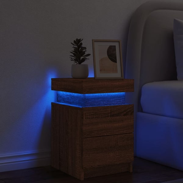 vidaXL sengebord med LED-lys 35x39x55 cm brun egetræsfarve