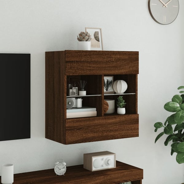 vidaXL Vegghengt TV-benk med LED-lys brun eik 58,5x30x60,5 cm