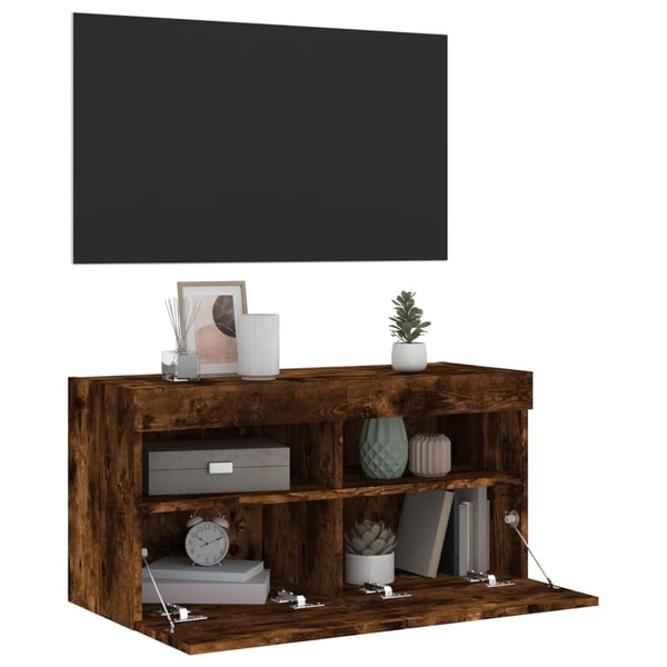 vidaXL væghængt tv-bord med LED-lys 80x30x40 cm røget egetræsfarve
