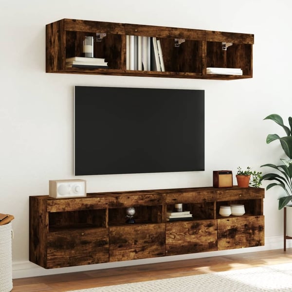 vidaXL væghængt tv-bord med LED-lys 80x30x40 cm røget egetræsfarve
