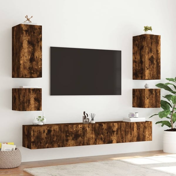 vidaXL Vegghengt TV-benk med LED røkt eik 100x35x41 cm