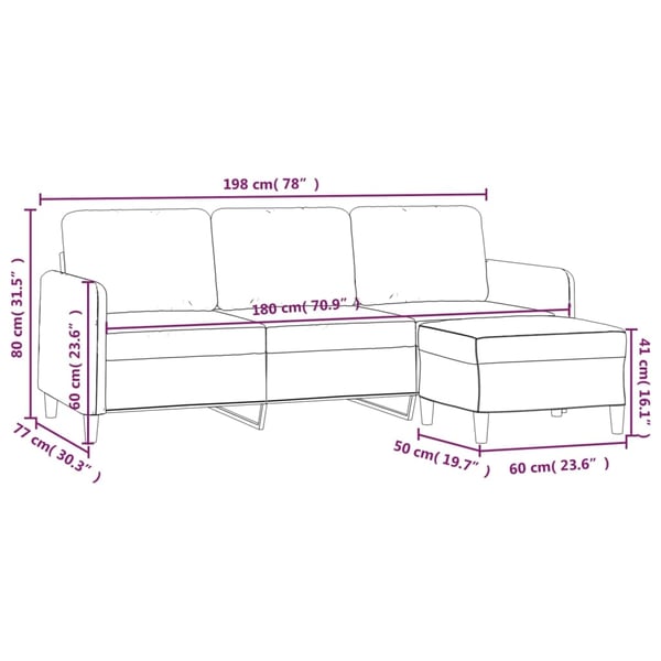vidaXL 3-personers sofa med fodskammel 180 cm stof Cremefarvet