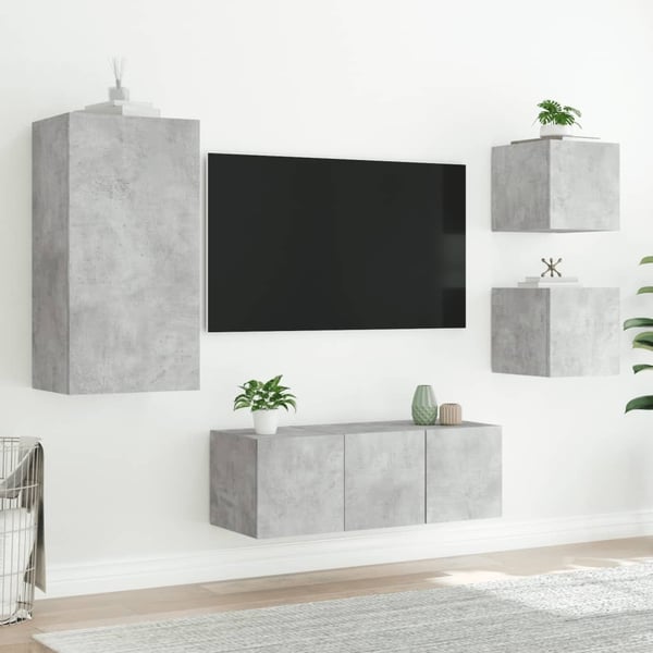 vidaXL tv-møbel til væg 5 dele med LED-lys konstrueret træ betongrå