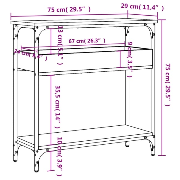 vidaXL Konsolipöytä hyllyllä savutammi 75x29x75 cm tekninen puu