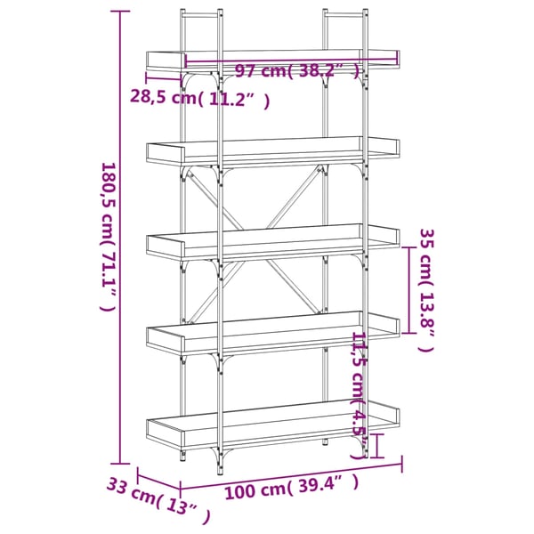 vidaXL bogreol 100x33x180,5 cm 5 hylder konstrueret træ røget eg
