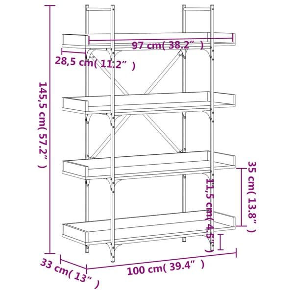 vidaXL bogreol 100x33x145,5 cm 4 hylder konstrueret træ grå sonoma-eg