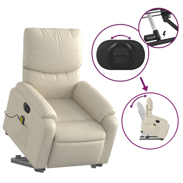 vidaXL Massagefåtölj med uppresningshjälp gräddvit konstläder
