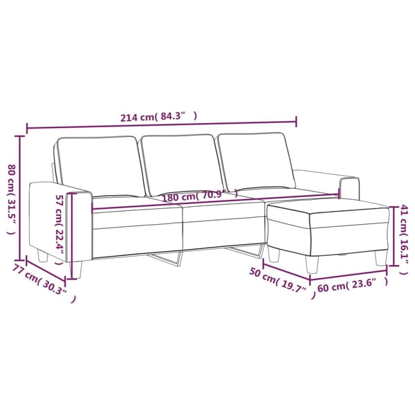 vidaXL 3-personers sofa med fodskammel 180 cm stof Lysegrå