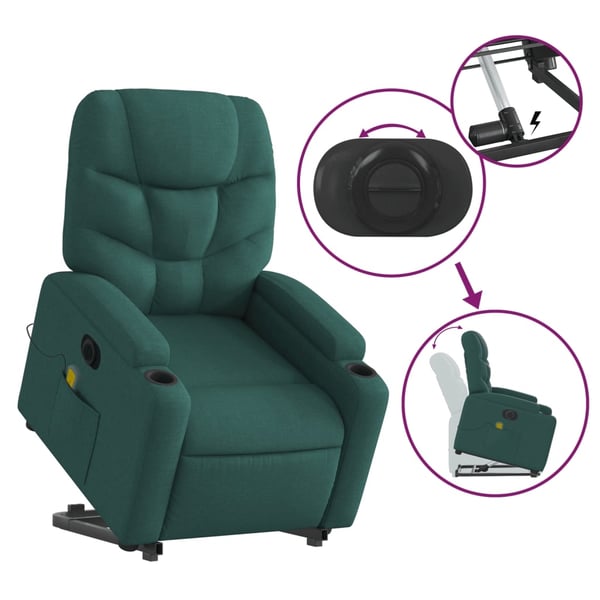 vidaXL elektrisk massagestol med løftefunktion stof mørkegrøn