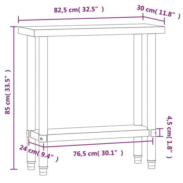 vidaXL Matlagingsbord for kjøkken 82,5x30x85 cm rustfritt stål