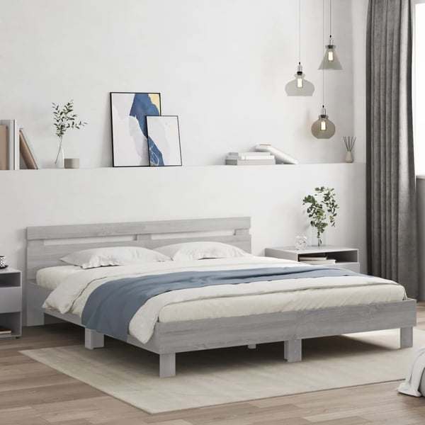 vidaXL sengeramme med sengegavl og LED-lys 180x200 cm grå sonoma-eg
