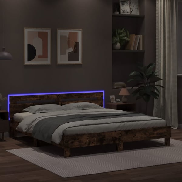 vidaXL Sengeramme med hodegavl og LED røkt eik 160x200 cm
