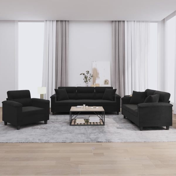 vidaXL sofasæt 3 dele med puder mikrofiberstof sort
