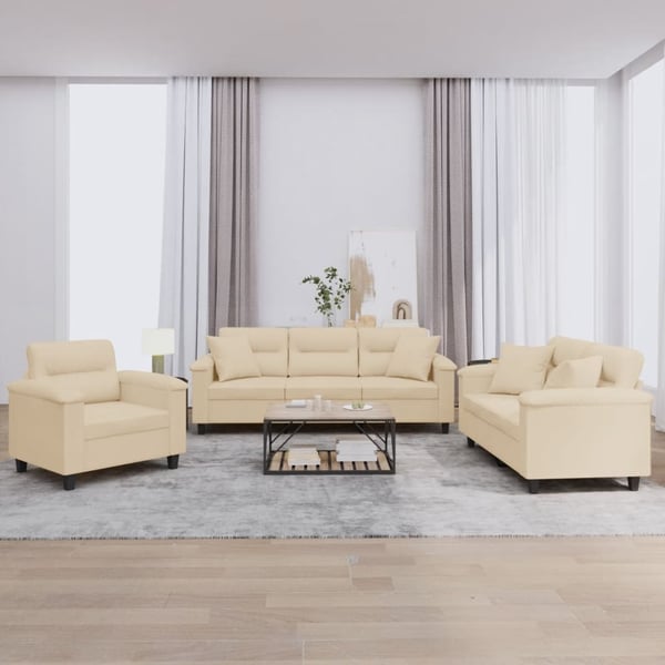 vidaXL sofasæt 3 dele med puder mikrofiberstof cremefarvet