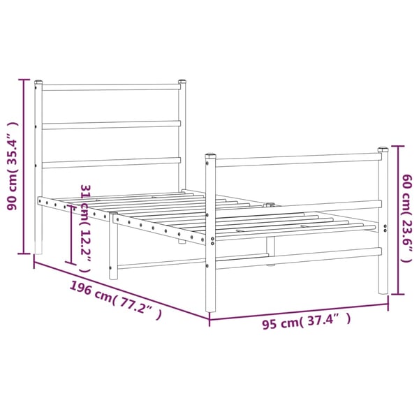 vidaXL Sengeramme i metall med hode- og fotgavl hvit 90x190 cm