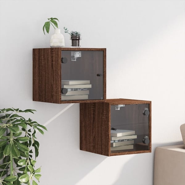 vidaXL sengeborde med glaslåger 2 stk. 35x37x35 cm brun egetræ