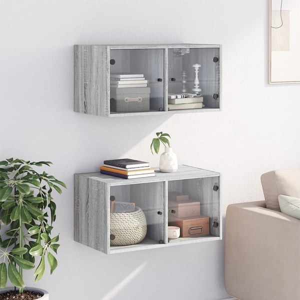 vidaXL Seinäkaapit lasiovilla 2 kpl harmaa Sonoma 68,5x37x35 cm