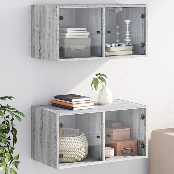 vidaXL Seinäkaapit lasiovilla 2 kpl harmaa Sonoma 68,5x37x35 cm
