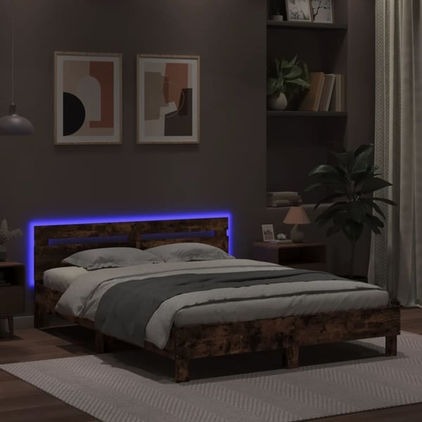 vidaXL Sengeramme med hodegavl og LED røkt eik 150x200 cm