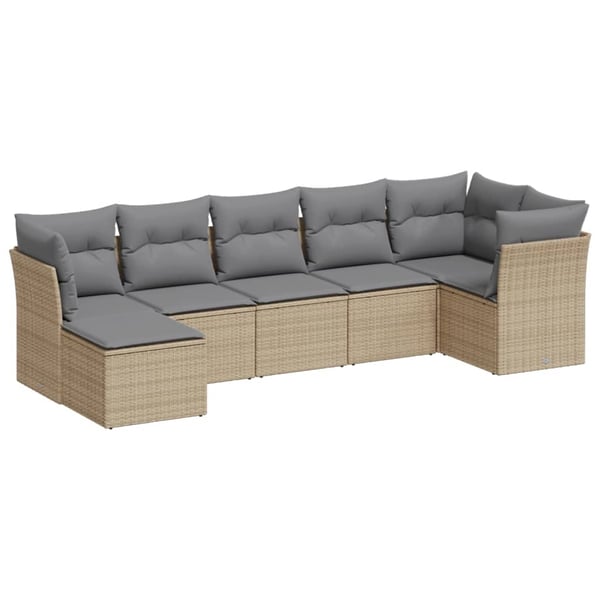 vidaXL Matgrupp för trädgården med dynor 7 delar beige konstrotting