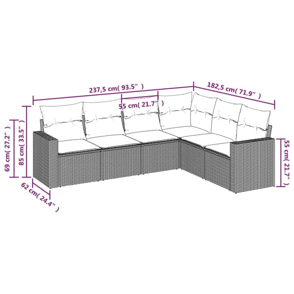 vidaXL sofasæt til haven 6 dele med hynder polyrattan grå