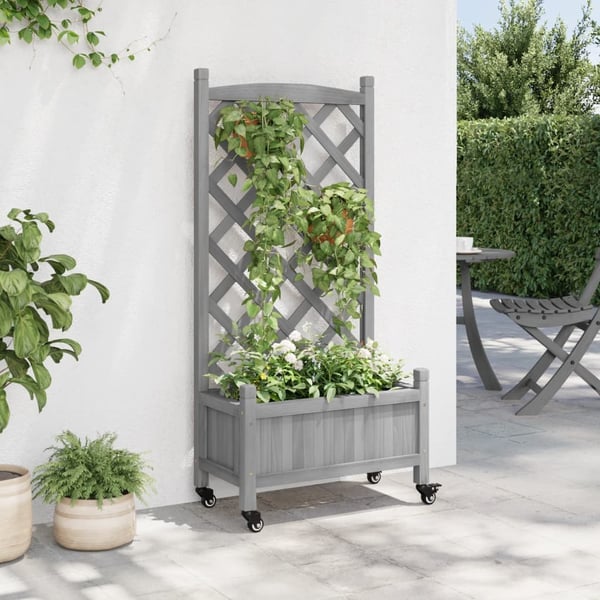 vidaXL Plantekasse med espalier og hjul grå heltre gran