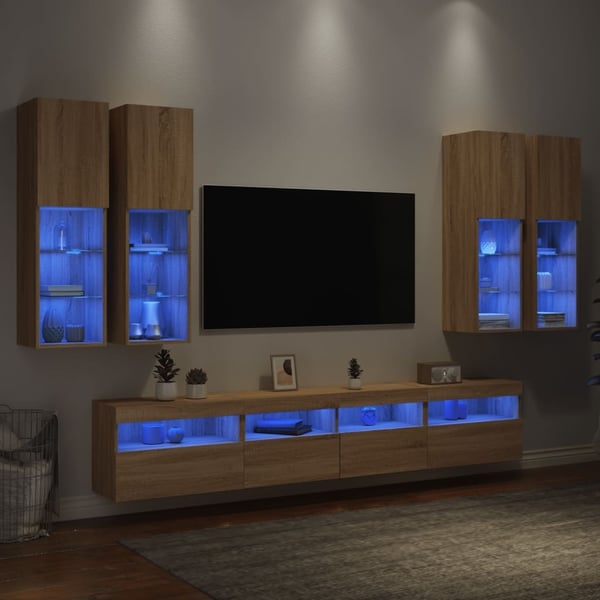 vidaXL Vegghengte TV-benker med LED 7 stk sonoma eik