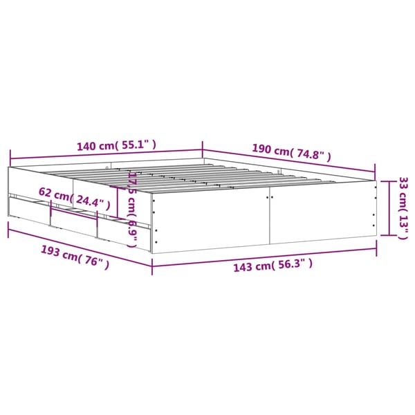 vidaXL Sengeramme med skuffer betonggrå 140x190 cm konstruert tre